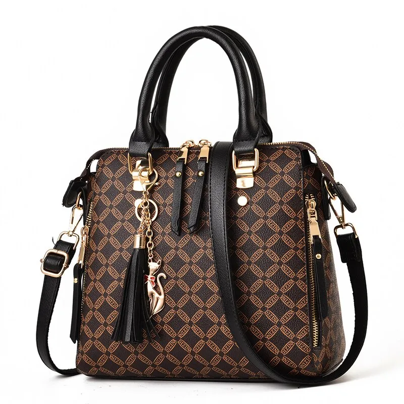 AIBKHK  Designer Print Crossbody HandBag with Tassels/Charms