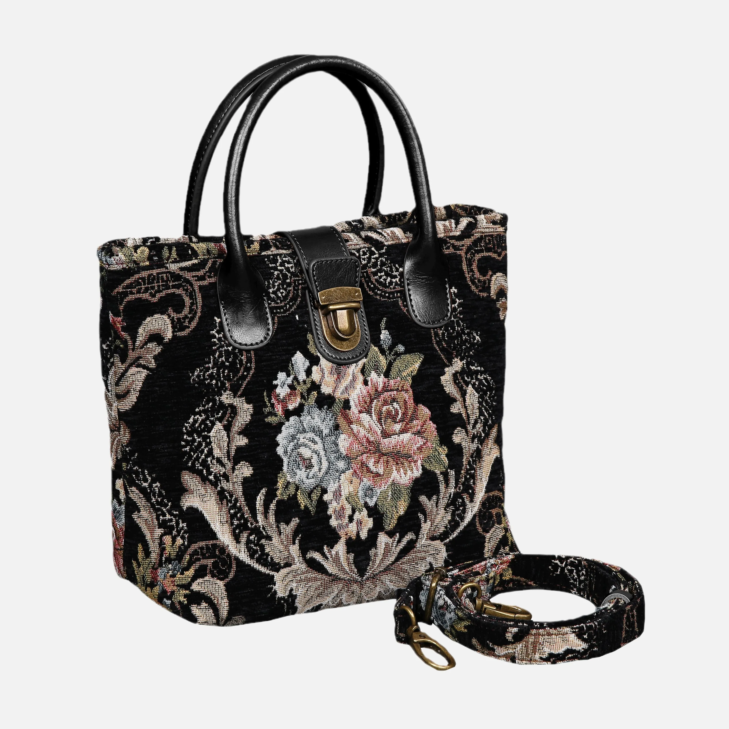 Floral Black Leather Black Tuck Lock Carpet Satchel
