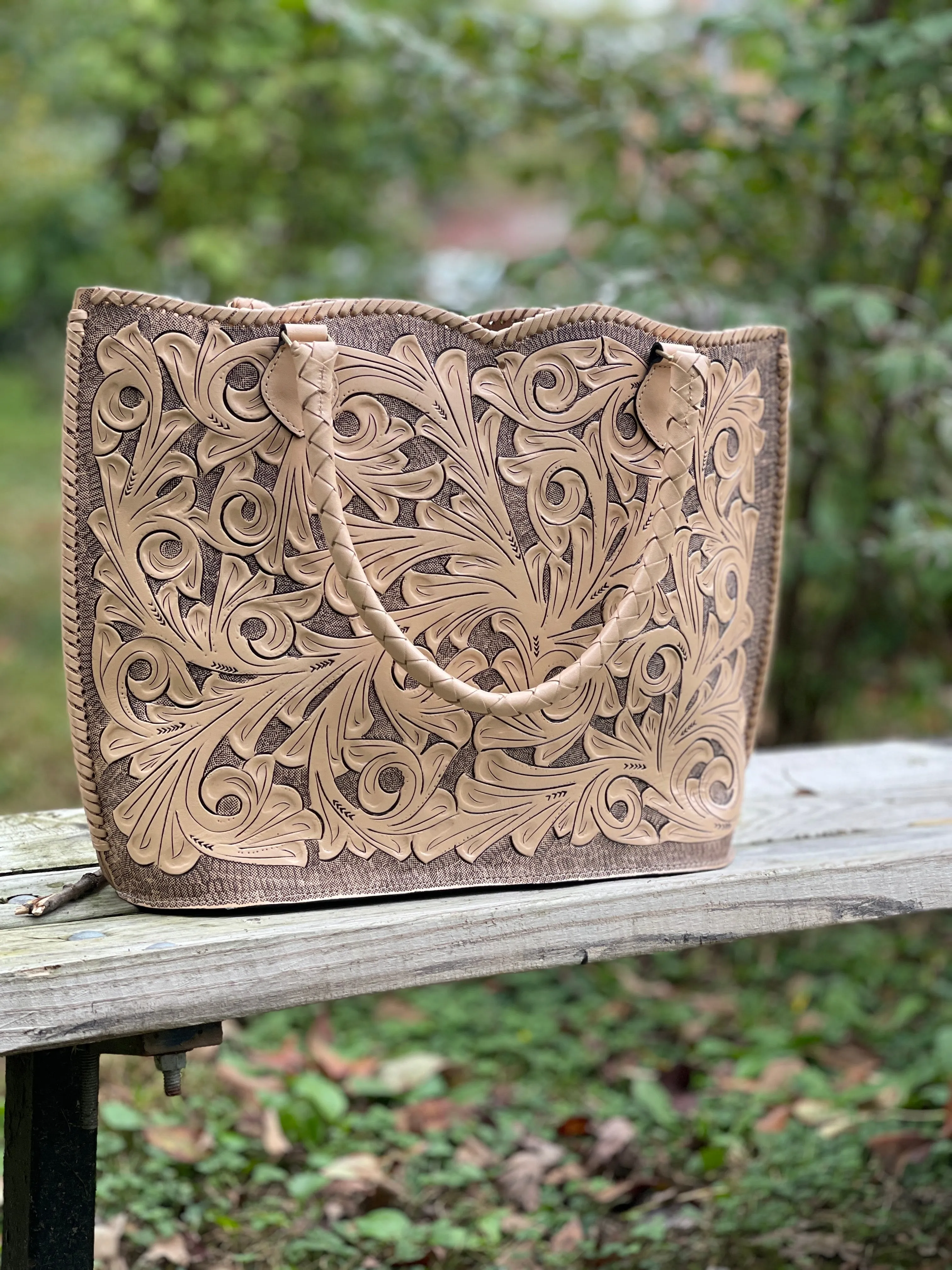 Hand Tooled Leather Extra Large Tote "IBIZA" Beige Color