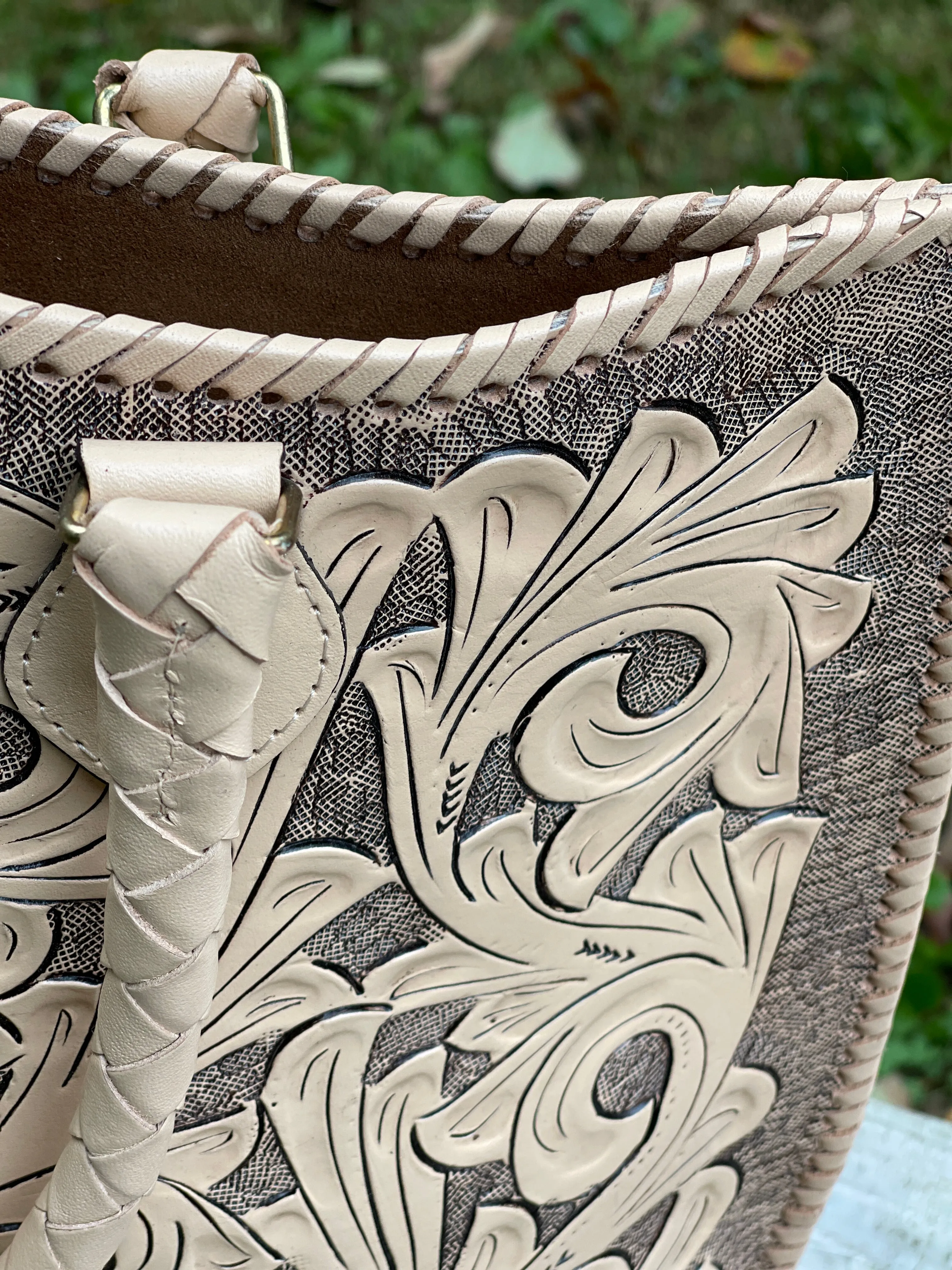 Hand Tooled Leather Extra Large Tote "IBIZA" Beige Color