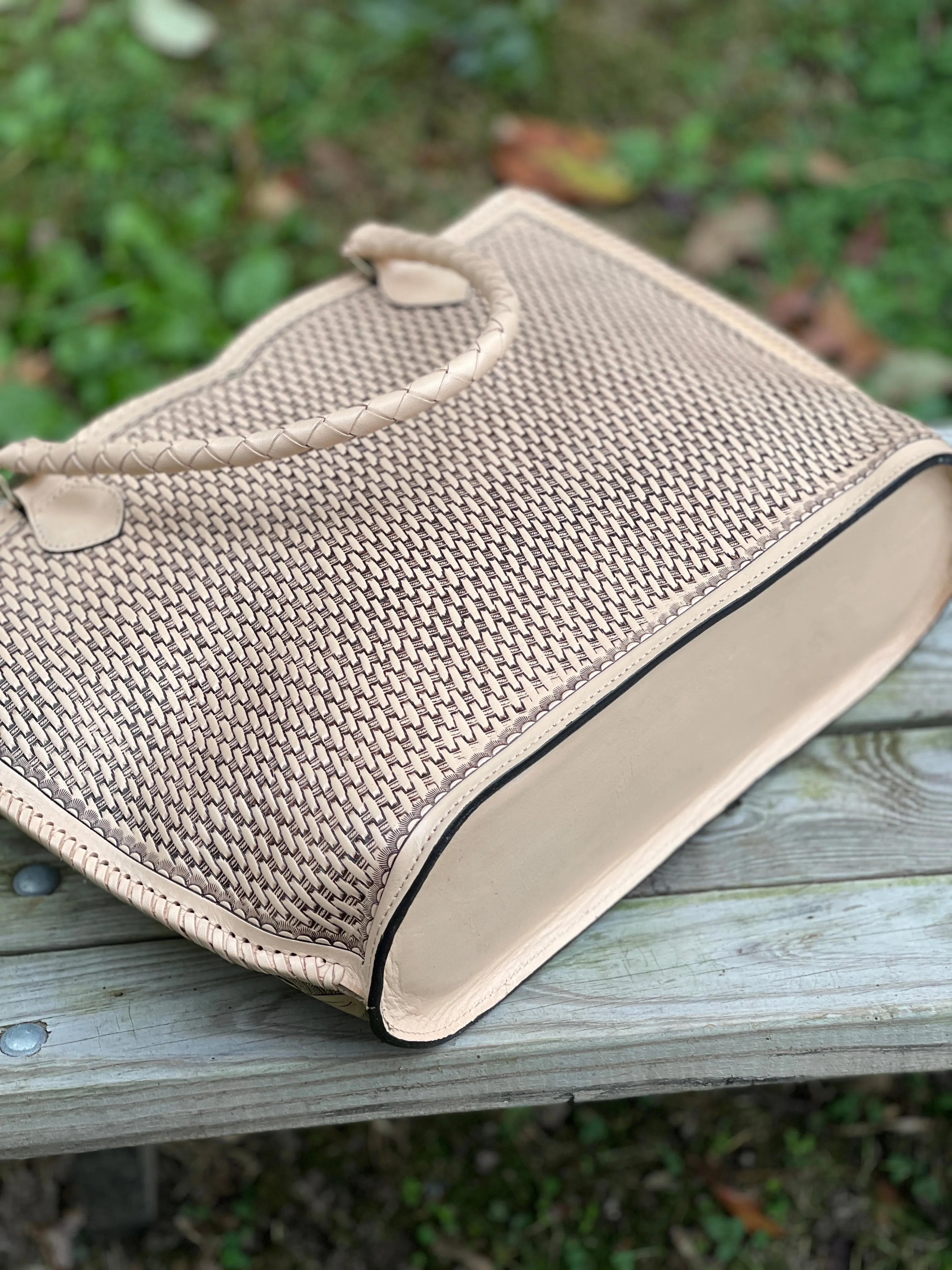 Hand Tooled Leather Extra Large Tote "IBIZA" Beige Color
