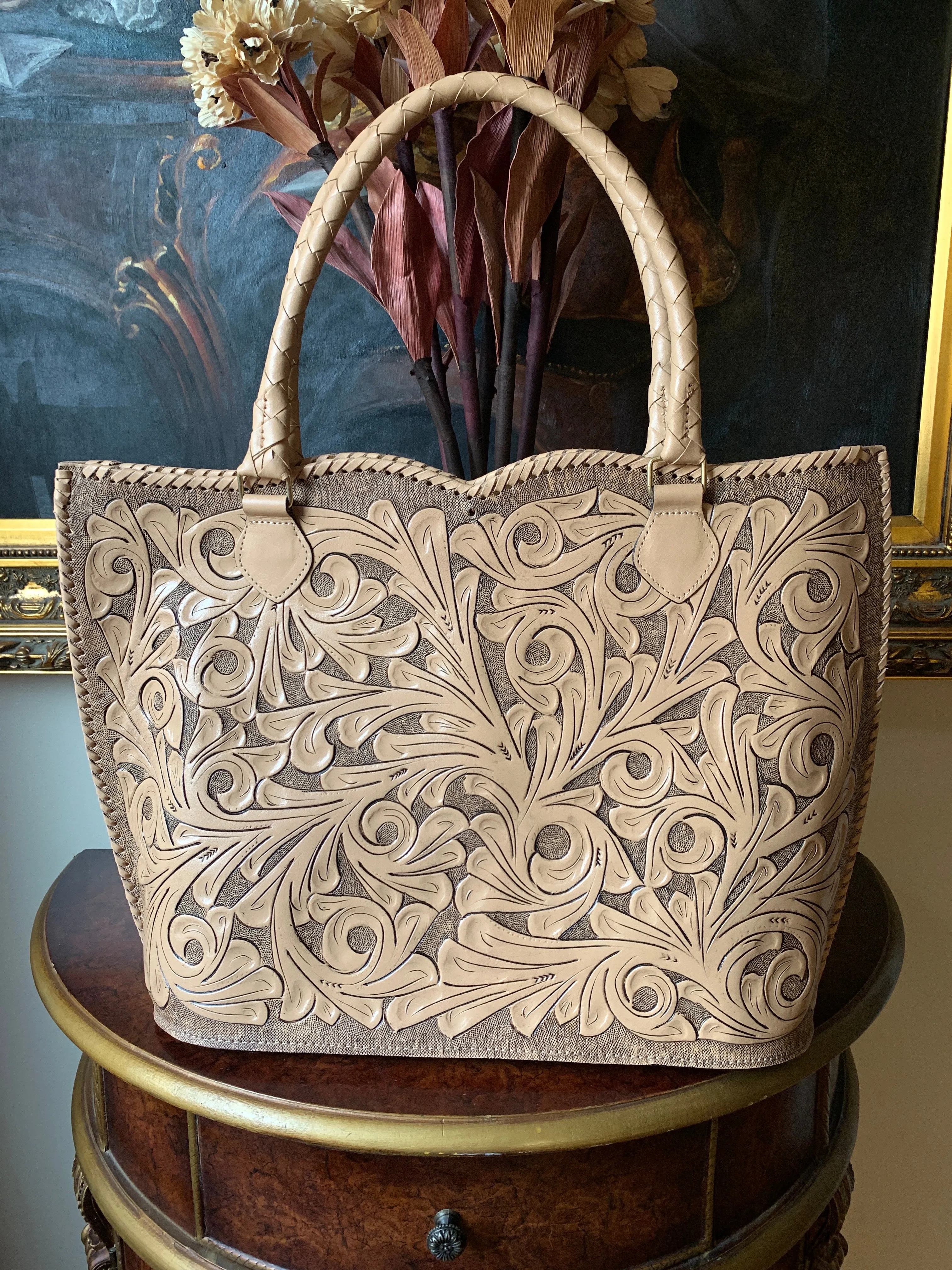 Hand Tooled Leather Extra Large Tote "IBIZA" Beige Color