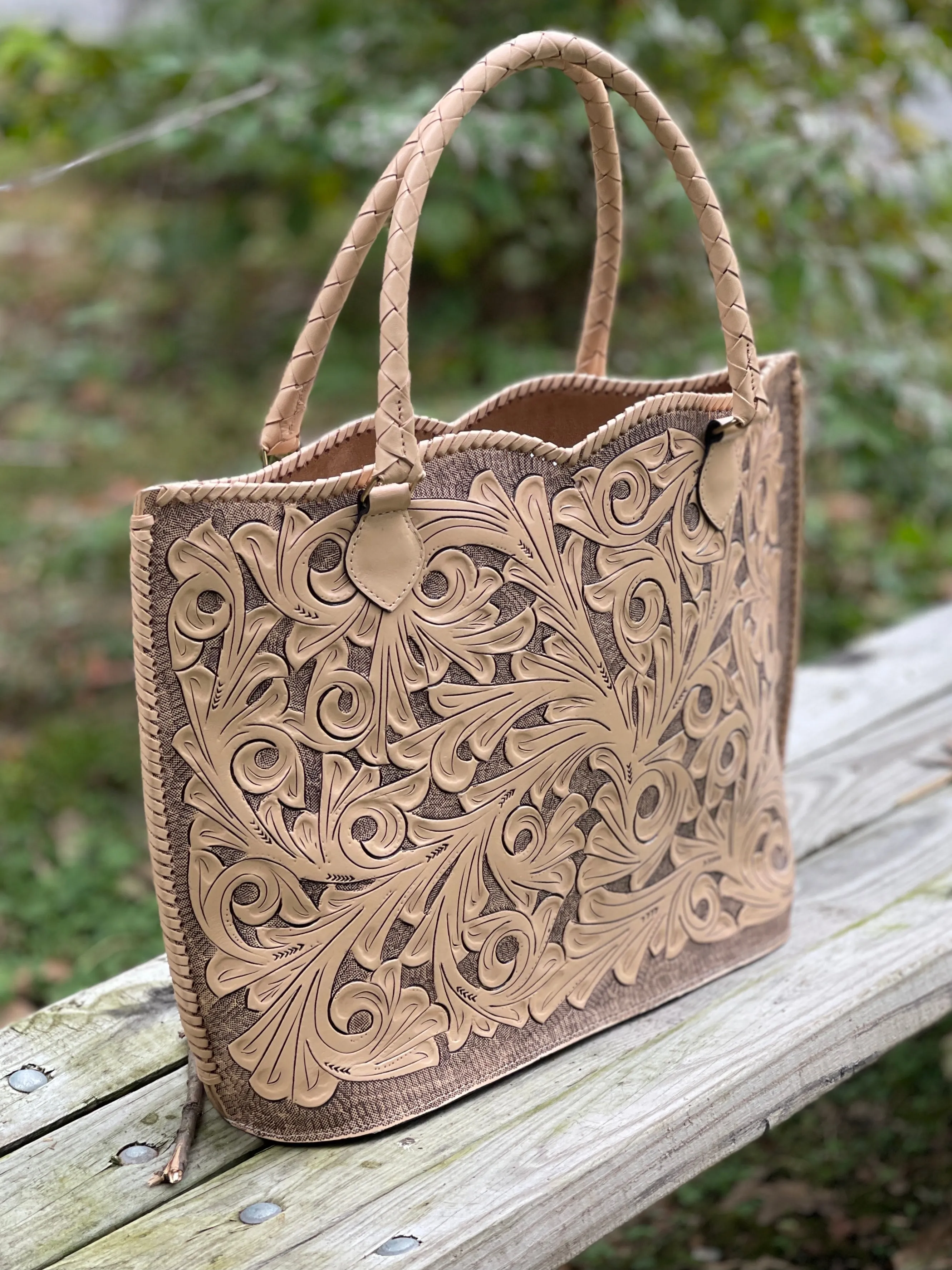 Hand Tooled Leather Extra Large Tote "IBIZA" Beige Color