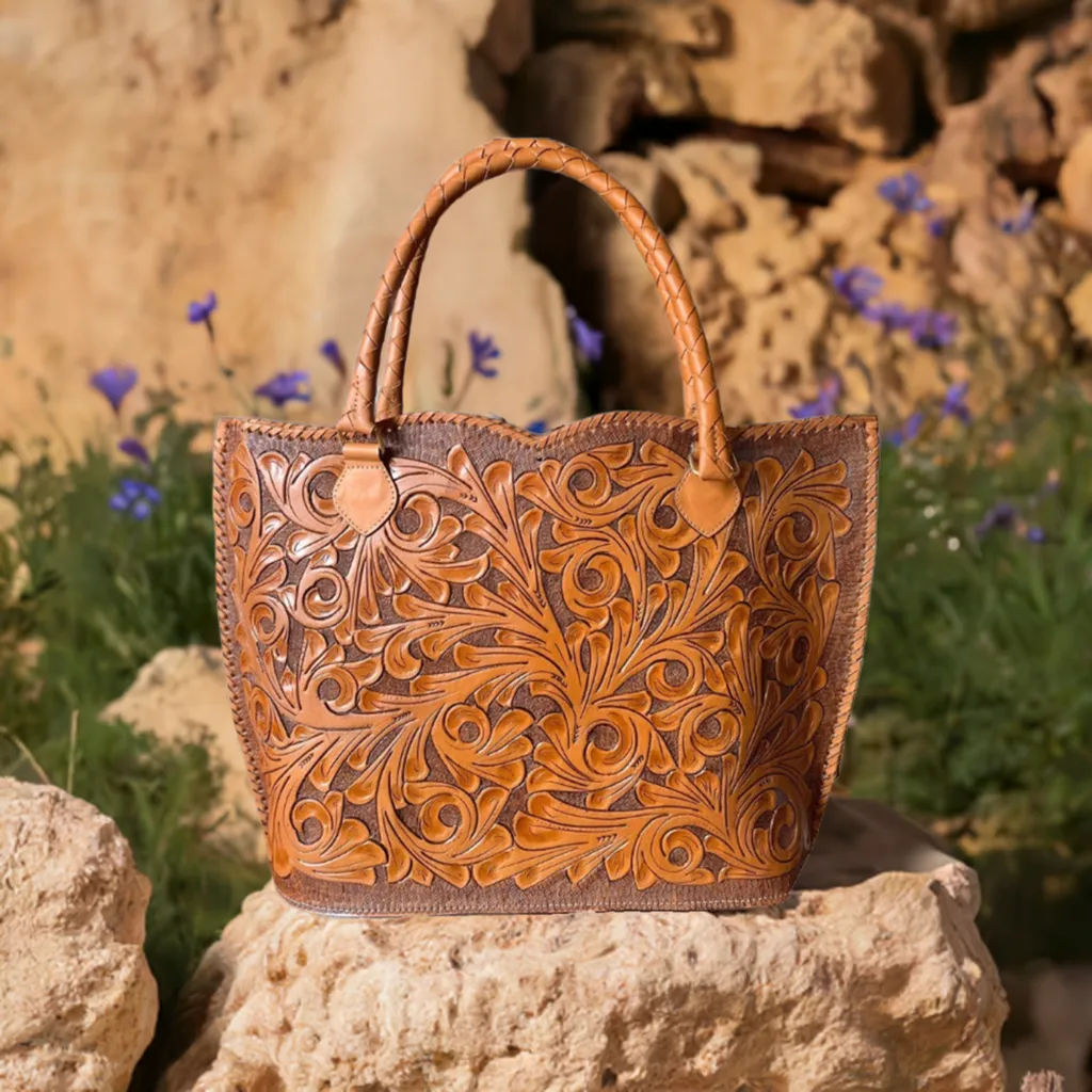 Hand Tooled Leather Extra Large Tote "IBIZA" Beige Color