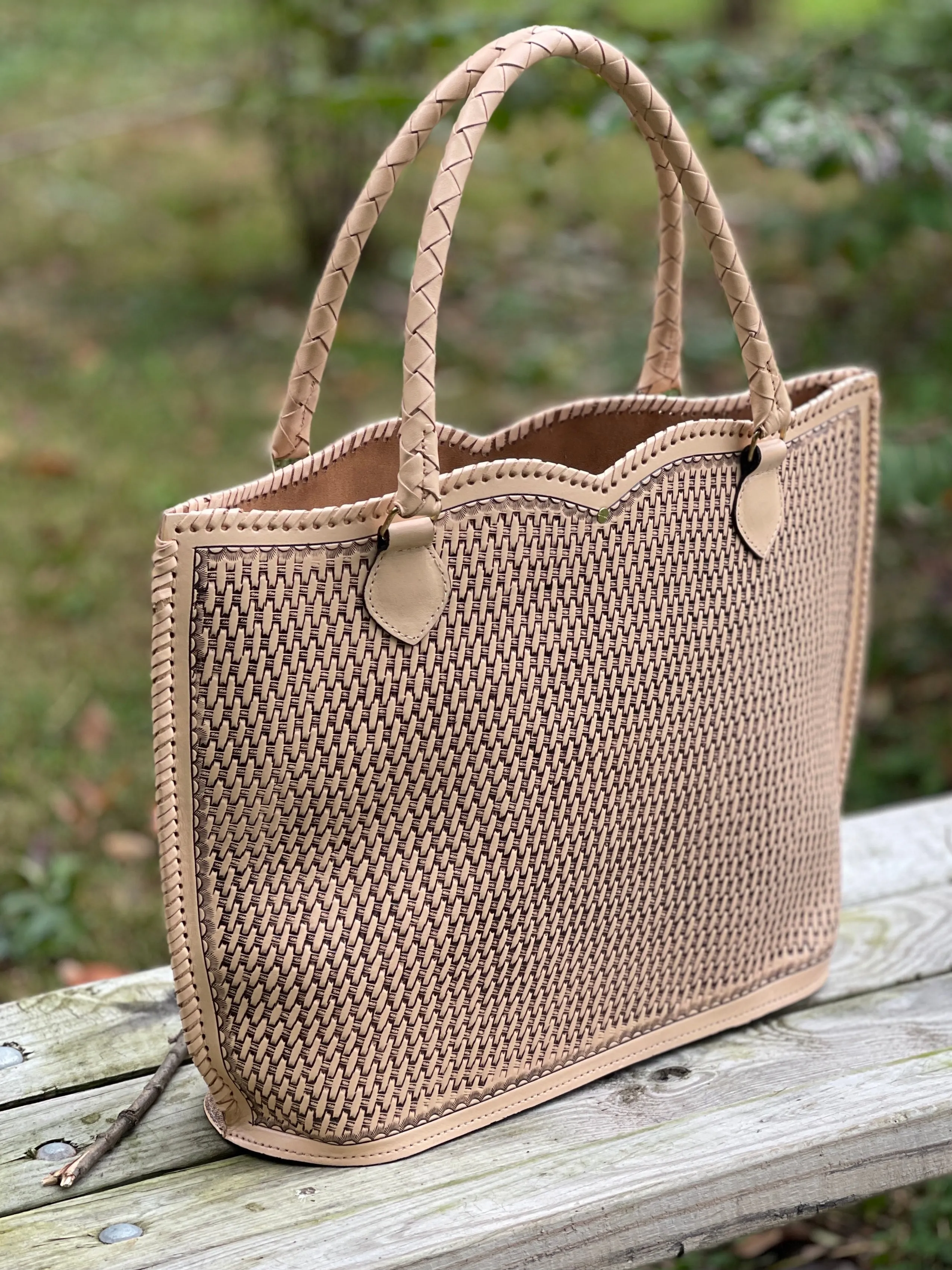 Hand Tooled Leather Extra Large Tote "IBIZA" Beige Color