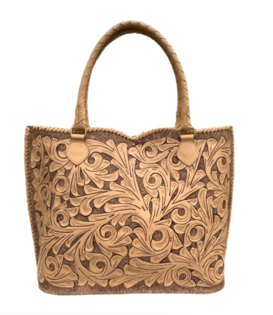 Hand Tooled Leather Extra Large Tote "IBIZA" Beige Color